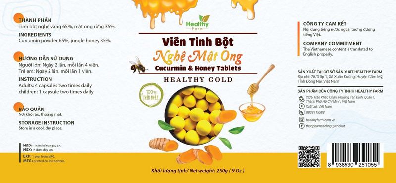 thiết kế bao bì thực phẩm viên tinh bột nghệ mật ong healthy farm 2